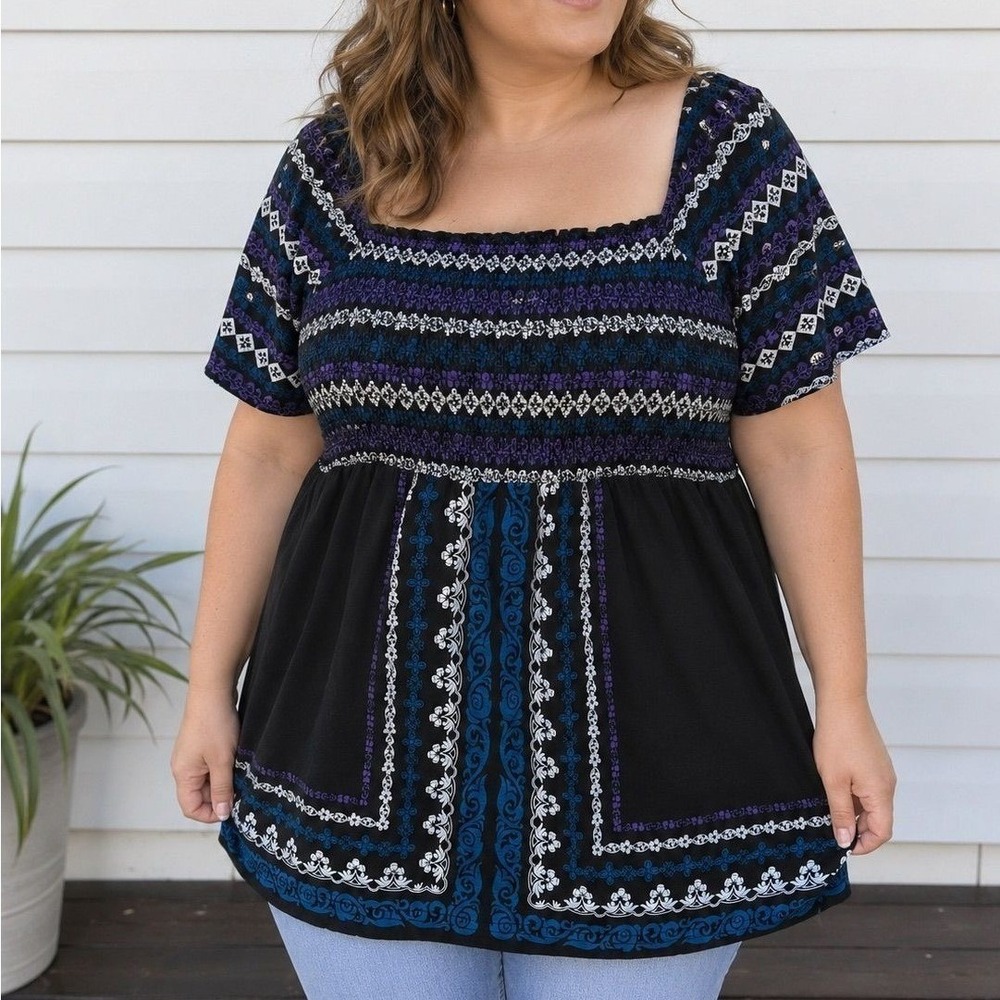 MXM Womens‎ Boho Smocked Babydoll Top Black Purple Geometric Print Short Sleeve